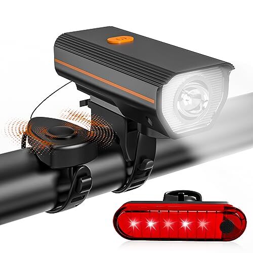KTEBO <b>Rechargeable Bike Lights</b> Front and Back with Electric Bell Set, LED Ultra Bright Bicycle Lights, Road Mountain Bike Accessories for kids Adults