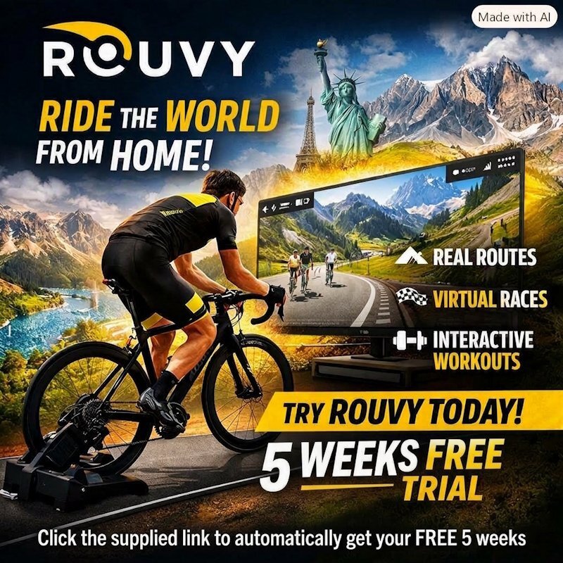 <b>ROUVY 5 Week FREE Trial</b>, Ride the World from Home, Real Routes, Virtual Races & Interactive Workouts | Click the link for your 5 Week FREE Trial or add code '<b>CBROUVY5WKS</b>' manually.