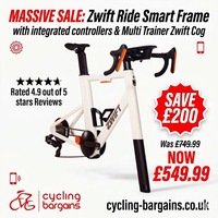 Save <b>£200 on a Zwift Ride Smart Frame</b> with integrated controllers & Multi Trainer Zwift Cog. The best way to Zwift.